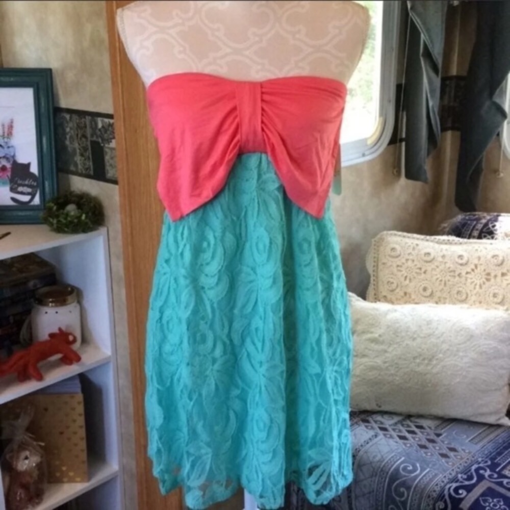 NWOT Coveted Clothing Pink Bow Teal Lace Dress M